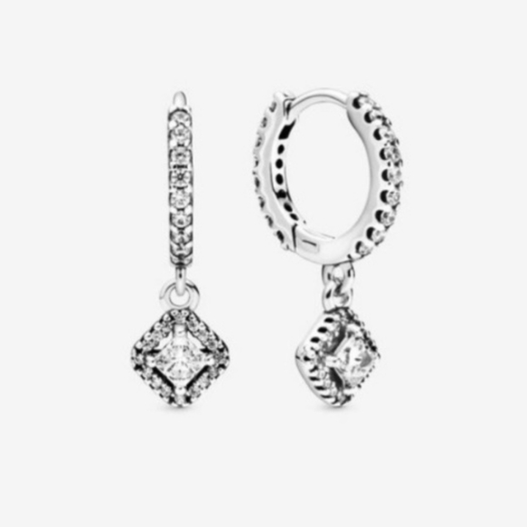 Brand New Genuine Pandora Pave Square Sparkle Hoop Drop CZ Earrings 298503C01 - Picture 1 of 5